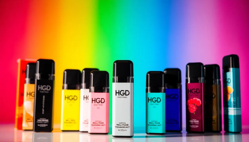 Explore different HQD Pods with unique flavors and vibrant colors showcased in an engaging display.