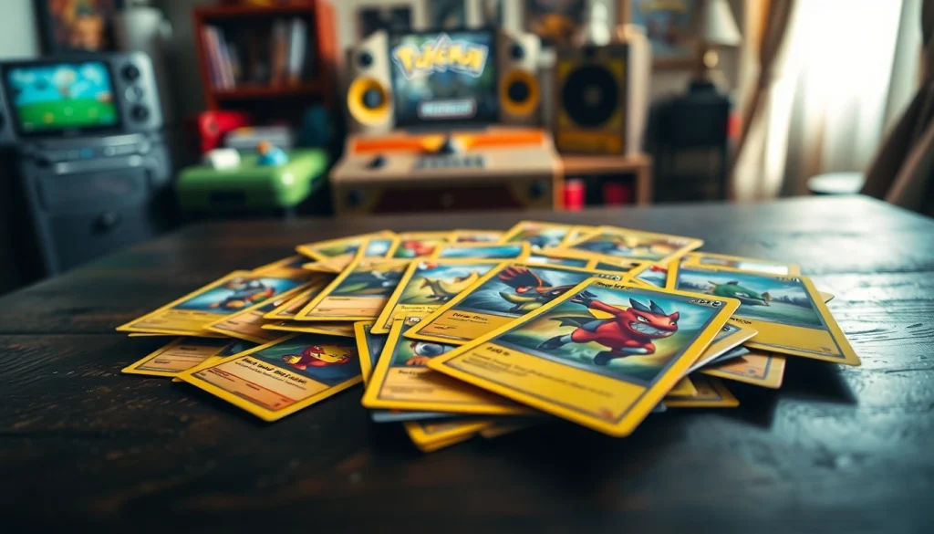 Examine authentic Real Pokemon cards displayed elegantly on a wooden table, showcasing their vibrant designs and textures.