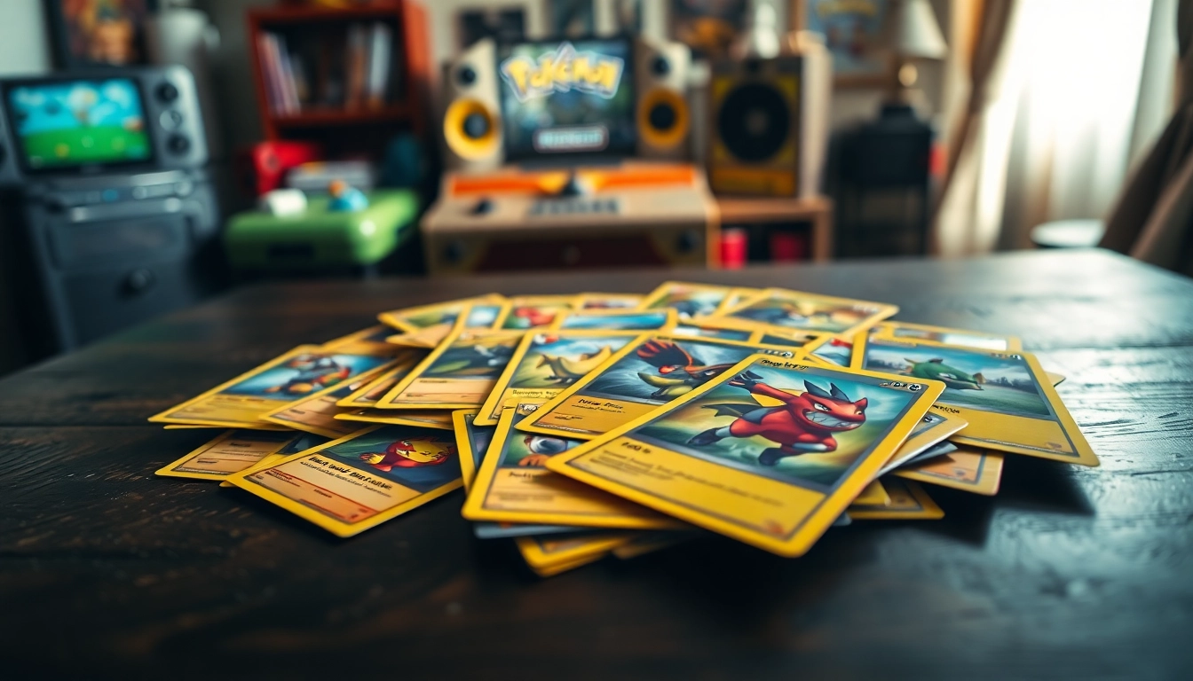 Examine authentic Real Pokemon cards displayed elegantly on a wooden table, showcasing their vibrant designs and textures.