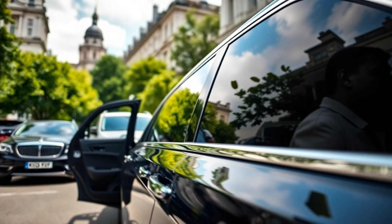 Experience luxury chauffeur service london with a premium chauffeur welcoming a passenger in a stunning London backdrop.
