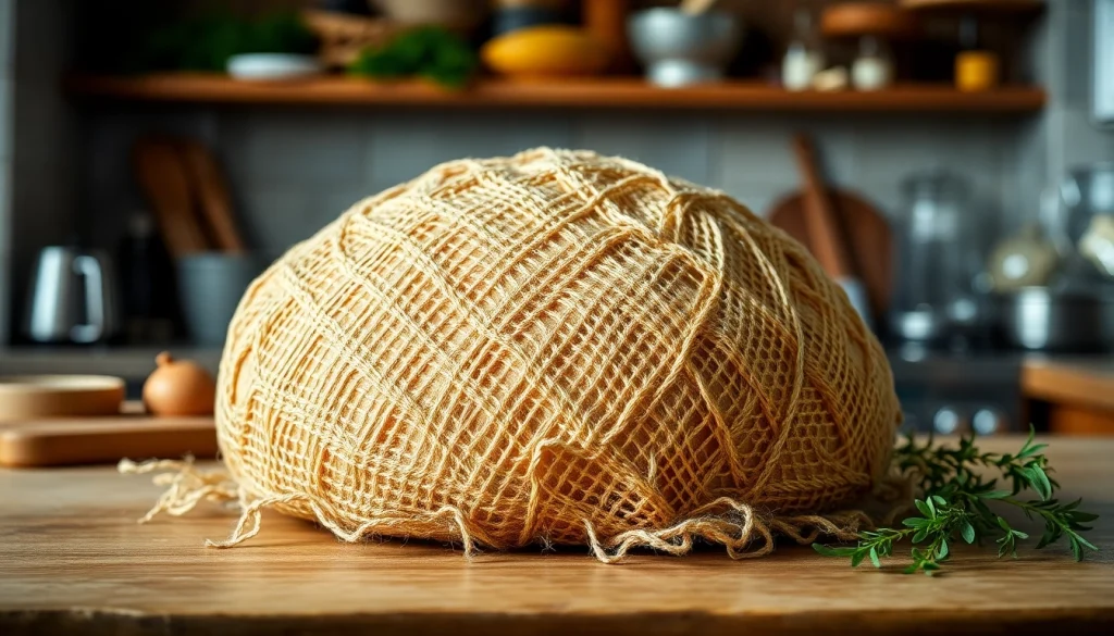 Gebruik van kaasdoek voor het persen van kazen en ingrediënten in een rustieke keuken.