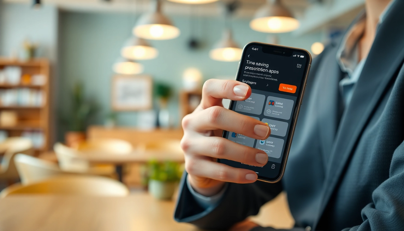 Engaging view of time saving prescription apps on a smartphone used in a café setting.