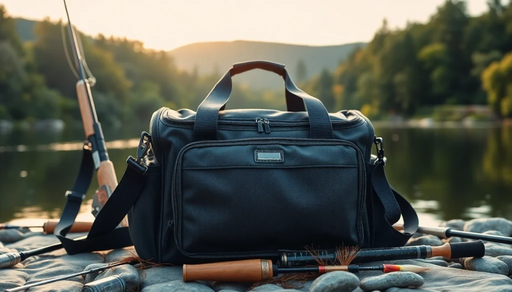 Showcasing a Fly fishing bag with gear by a serene river, highlighting its waterproof features.